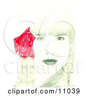 Beautiful Young Womans Face With Bangs And A Red Rose Flower In Her Hair