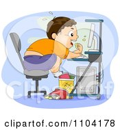 Overweight Brunette Boy Eating Junk Food At His Computer