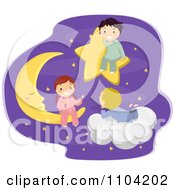 Poster, Art Print Of Happy Children Talking In The Night Sky On A Star Moon And Cloud