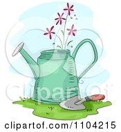 Pretty Pink Flowers Growing From A Watering Can With A Trowel