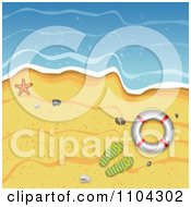 Poster, Art Print Of Beach Surf And Sand Background With Flip Flops A Life Buoy And Starfish