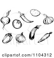 Poster, Art Print Of Black And White Vegetables A Beet Or Onion Tomato Peppers Garlic Carrot Potato And Eggplant
