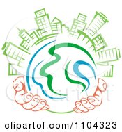 Poster, Art Print Of Pair Of Hands Holding A Globe With Green Skyscrapers On Top 1