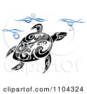 Poster, Art Print Of Black And White Tribal Sea Turtle Swimming In Blue Waves