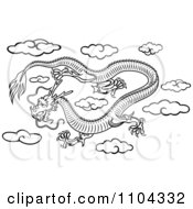 Clipart Black And White Chinese Dragon Flying In The Sky Royalty Free Vector Illustration
