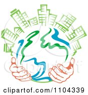 Poster, Art Print Of Pair Of Hands Holding A Globe With Green Skyscrapers On Top 2