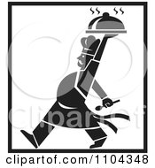 Clipart Retro Black And White Chef Walking And Holding A Platter Above His Head With Black Borders Royalty Free Vector Illustration