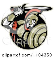 Retro Woodcut Roman Centurion Soldier With A Shield And Sword In A Black Circle