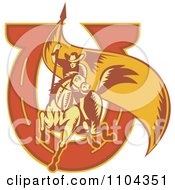 Clipart Retro Rodeo Cowboy With A Long Flag Over A Horse Shoe U Royalty Free Vector Illustration