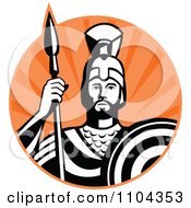 Retro Roman Centurion Soldier With A Spear And Shield Over Orange Rays