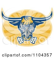 Poster, Art Print Of Retro Texas Longhorn Bull Breathing On An Oval Of Rays