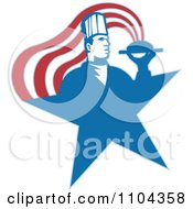 Poster, Art Print Of Male Chef With A Steamy Platter Forming Stripes Over A Blue Star