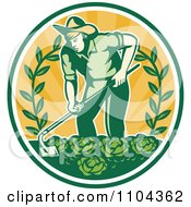 Poster, Art Print Of Retro Farmer Working In A Cabbage Patch Crop Over Orange Rays