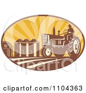 Retro Farmer Operating A Tracter In A Crop With Silos In The Background