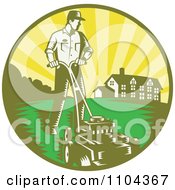 Poster, Art Print Of Retro Landscaper Mowing A Lawn Near A House