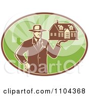 Poster, Art Print Of Retro Male Real Estate Agent Holding A House Over A Green Oval