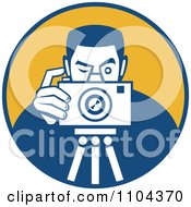 Poster, Art Print Of Retro Photographer Taking A Picture Over An Orange Circle