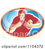 Clipart Rugby Player Running In A Blue Oval Royalty Free Vector Illustration