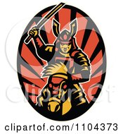 Clipart Retro Samurai Warrior On Horseback With A Raised Katana Sword Over Rays Royalty Free Vector Illustration