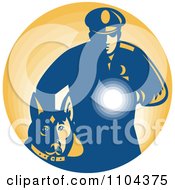 Poster, Art Print Of Retro Security Guard With A Dog And Flashlight Over Orange