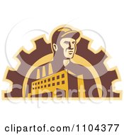 Poster, Art Print Of Retro Factory Worker Man With A Building And Gear Cog