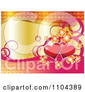 Poster, Art Print Of Wedding Anniversary Or Valentines Day Background Of Red Hearts Flowers And Swirls With Gold