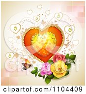 Poster, Art Print Of Dewy Heart With Vines Roses And A Butterfly Over Tiles