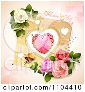 Poster, Art Print Of Valentines Day Background With A Dewy Heart Butterfly And Roses Over Tiles And Stripes