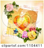 Poster, Art Print Of Valentines Day Background With A Dewy Heart Butterfly And Roses Over Tiles