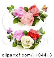 Poster, Art Print Of Butterflies With Pink Red And White Roses