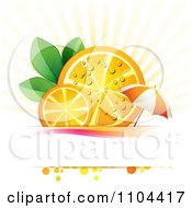 Juicy Orange Slices And Leaves With An Umbrella Over Copyspace And Rays