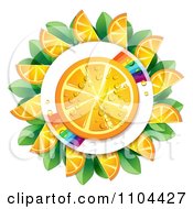 Juicy Orange Slice And Rainbow Circled By Wedges And Leaves