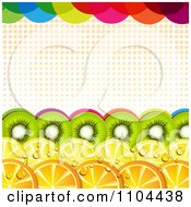 Border Of Kiwi Lemon And Orange Slices With Halftone And Colorful Dots