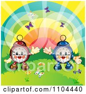 Poster, Art Print Of Happy Aplarm Clocks With A Rainbow And Butterflies