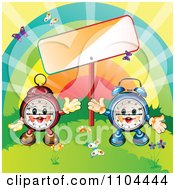 Clipart Happy Aplarm Clocks With A Rainbow Sign And Butterflies Royalty Free Vector Illustration