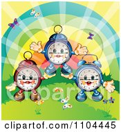Poster, Art Print Of Happy Aplarm Clocks Forming A Pyramid With A Rainbow And Butterflies