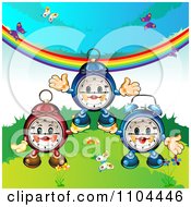 Poster, Art Print Of Happy Aplarm Clocks With Butterflies And A Rainbow