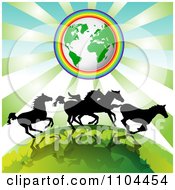 Poster, Art Print Of Silhouetted Wild Horses Running Under Earth Encircled In A Rainbow