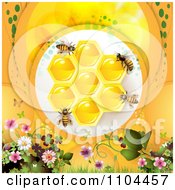 Poster, Art Print Of Bees On Honeycombs Over Orange With Flowers