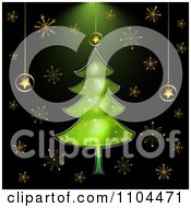 Poster, Art Print Of Christmas Background With A Green Tree And Gold Snowflakes On Black