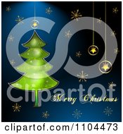 Poster, Art Print Of Merry Christmas Text With A Tree Star Ornaments And Gold Snowflakes On Blue