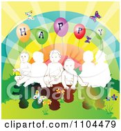 Poster, Art Print Of Children With A Rainbow Butterflies Flowers Sunshine And Happy Balloons