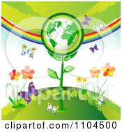 Poster, Art Print Of Green Globe Plant With Butterflies Flowers And A Rainbow 1