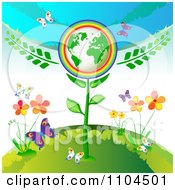 Clipart Green Globe Plant With Butterflies Flowers And A Rainbow 2 Royalty Free Vector Illustration