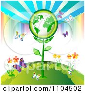 Clipart Green Globe Plant With Butterflies Flowers And A Rainbow 3 Royalty Free Vector Illustration