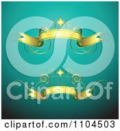 Poster, Art Print Of Golden Star Ribbon Banners And Swirls Over Turqoise