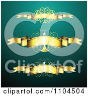 Poster, Art Print Of Golden Ribbon Banners And Swirls With Stars Over Turqoise