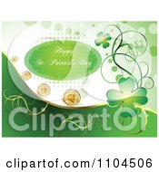 Clipart Happy St Patricks Day Gretting With Shamrock Coins And Clover Vines 2 Royalty Free Vector Illustration