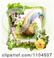 Clipart Rainbow And St Patricks Day Pot Of Gold In A Frame Over Diagonal Stripes Royalty Free Vector Illustration