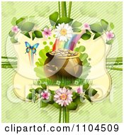 Clipart Rainbow And St Patricks Day Pot Of Gold In A Floral Frame Over Diagonal Stripes Royalty Free Vector Illustration
